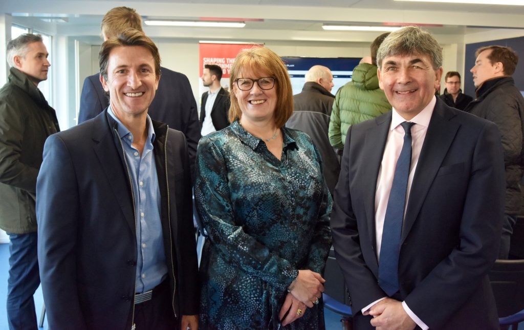 Agents gather at Stadium Point for Winter Warmer event with Liz Lowe, Head of Development at Morris Property and Toby Shaw, Towler Shaw Roberts (front)